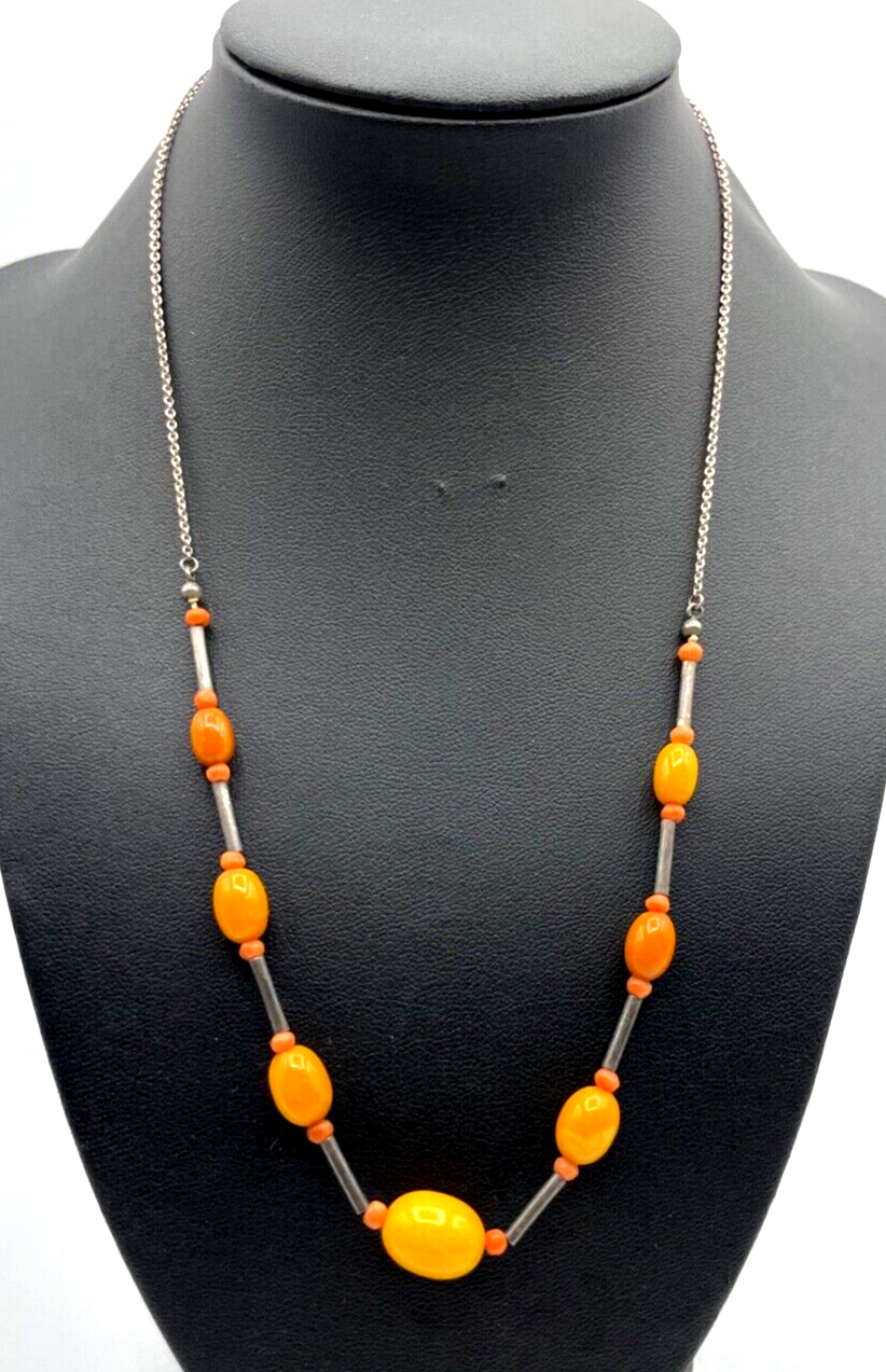 Antik 935 Silberkette Butterscotch Bernstein Oliven Koralle Mix Art Déco gepfl.0