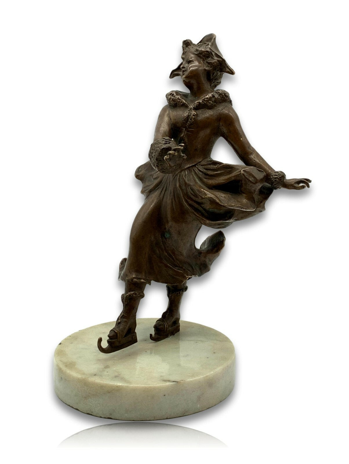 Jugendstil Bronze - Schlittschuhfahrerin - Figur mit Marmorsockel - um 1900/100
