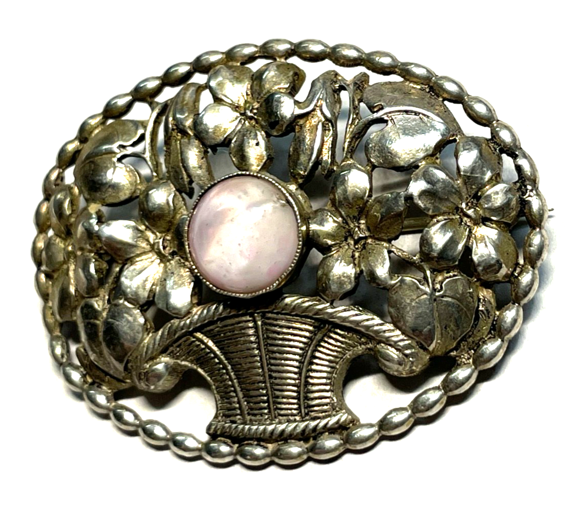 Antik 830 Silber Brosche Jugendstil Blumenkorb Handarbeit rosa Achat Cabochon3