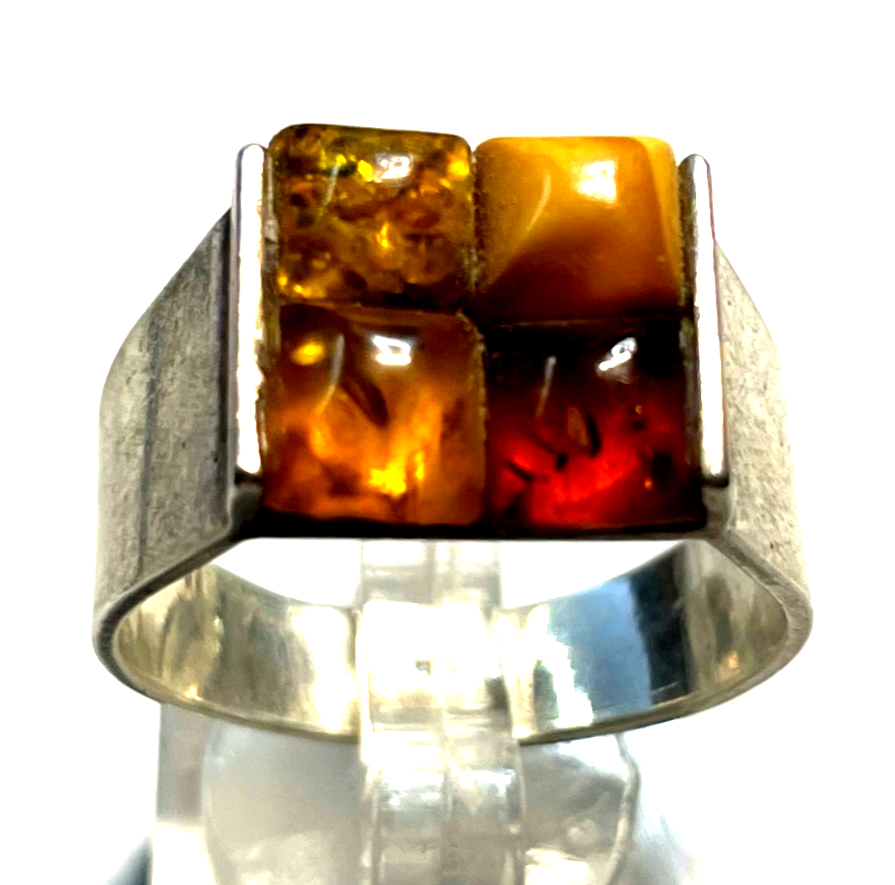 Aparter 925 Silber Ring Handarbeit 4 Bernstein Cabochon RG 65 Ø 20,6 unisex5