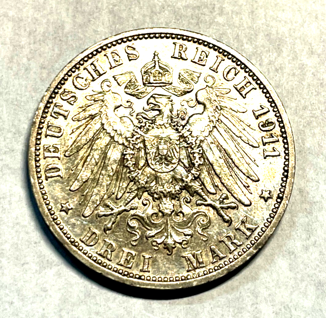Drei Mark Deutsches Reich 1911 F Wilhelm II Charlotte von Württemberg 900 Silber1