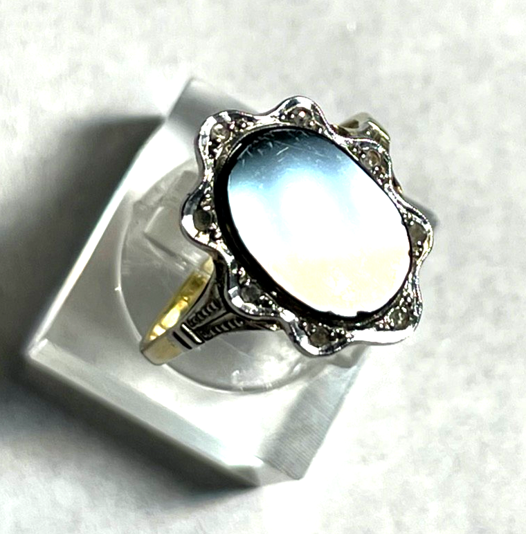 585 Gold 14 K Ring Bicolor orig. Art Deco Onyx Tafel + 8 Diamanten Ø 17,5 RG 555