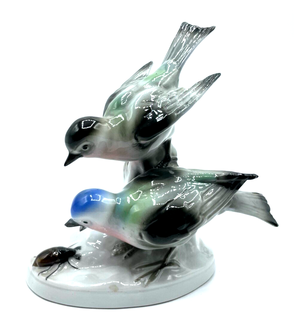 Antik Thuringia Porzellan Figur Vogelpaar + Maikäfer Thüringen handbemalt 19000