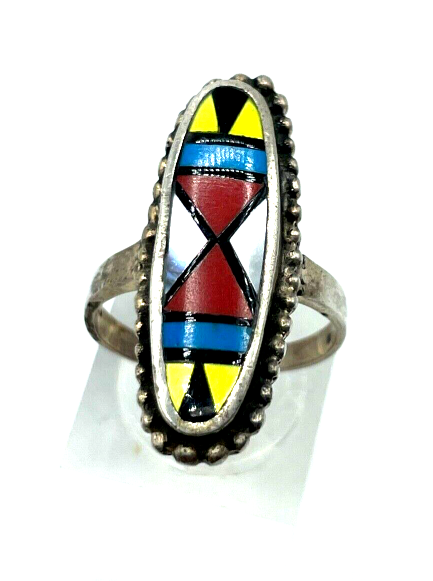 925 Sterling Silber Ring Zuni Indianerschmuck Edelstein Inlay Handarbeit Ø 17mm0
