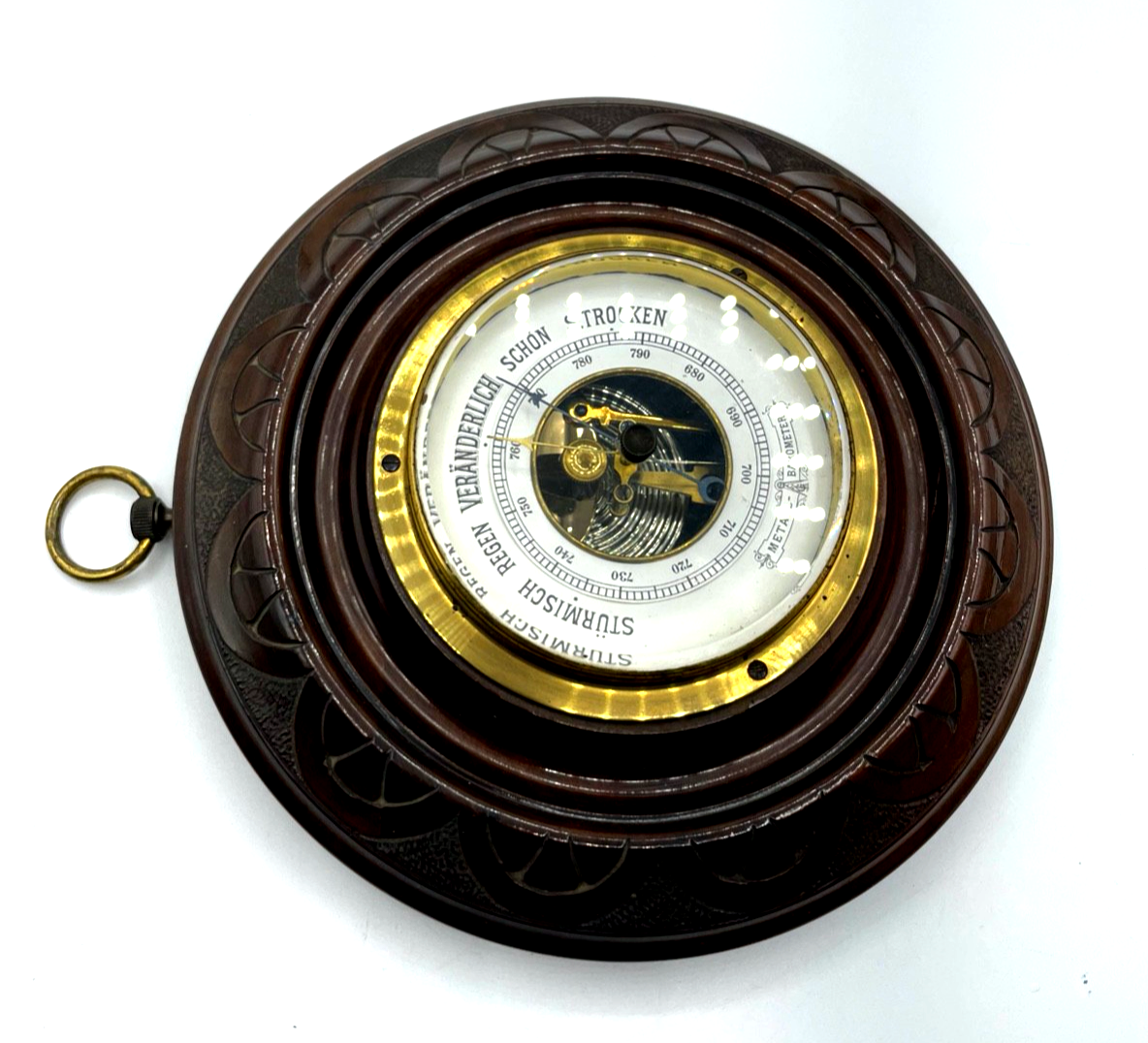 Antik Barometer um 1900-1910 funktioniert im Topzustand Ø 18 cm Holzrahmen10