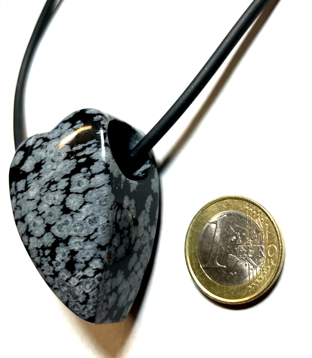 Riesiges Schneeflockenobsidian Herz Anhänger an 45,5 cm Kautschuk Kette7