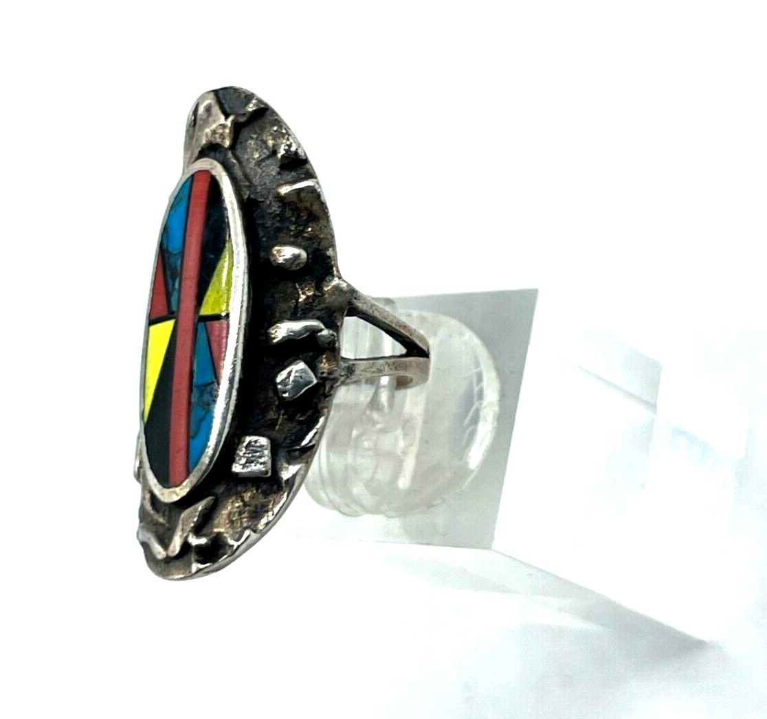 925 Sterling Silber Ring Zuni Indianerschmuck Edelstein Inlay Handarbeit Ø 16mm4