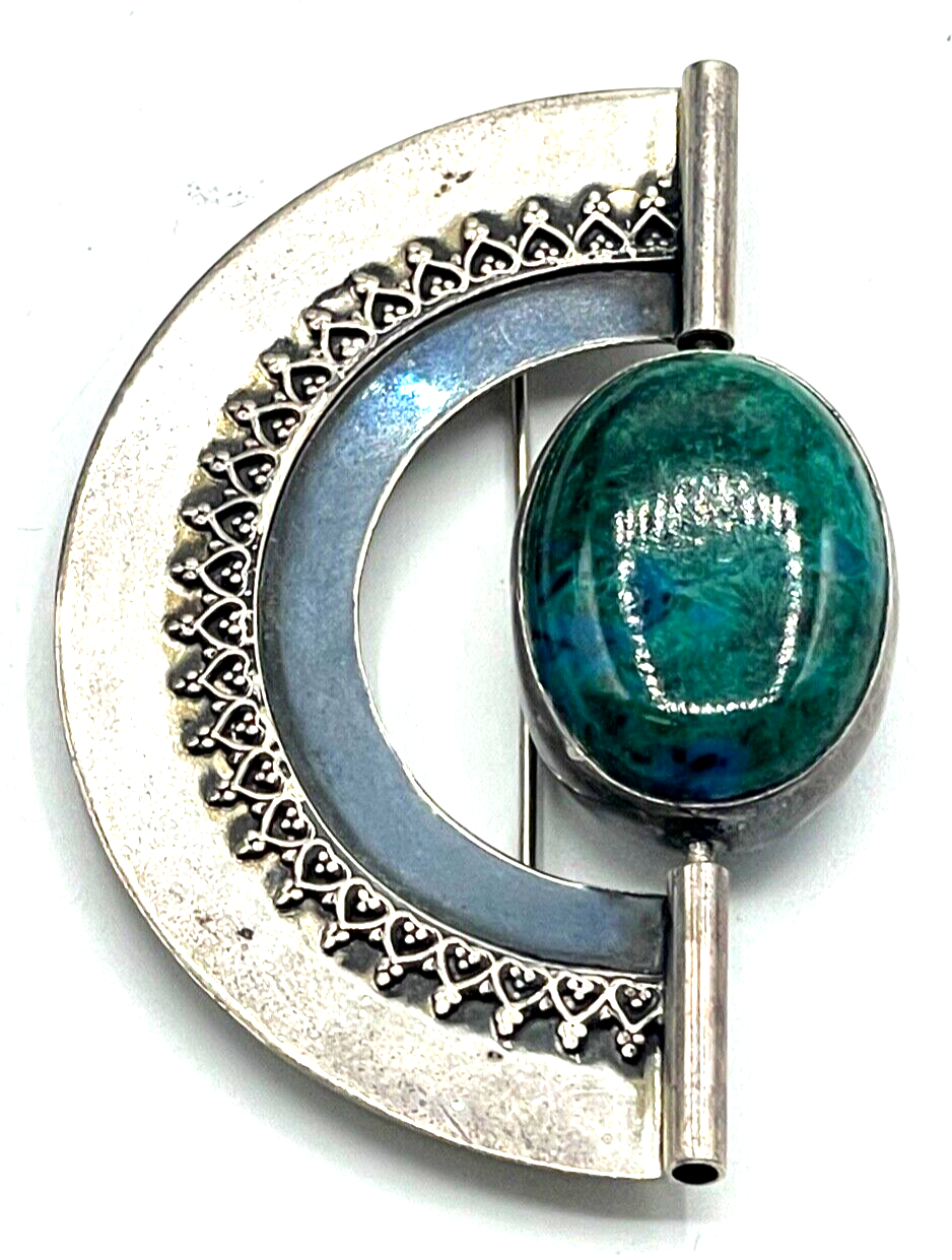 Stattliche 925 Silber solide Brosche mit Türkis + Hämatit Wendenadel Handarbeit3
