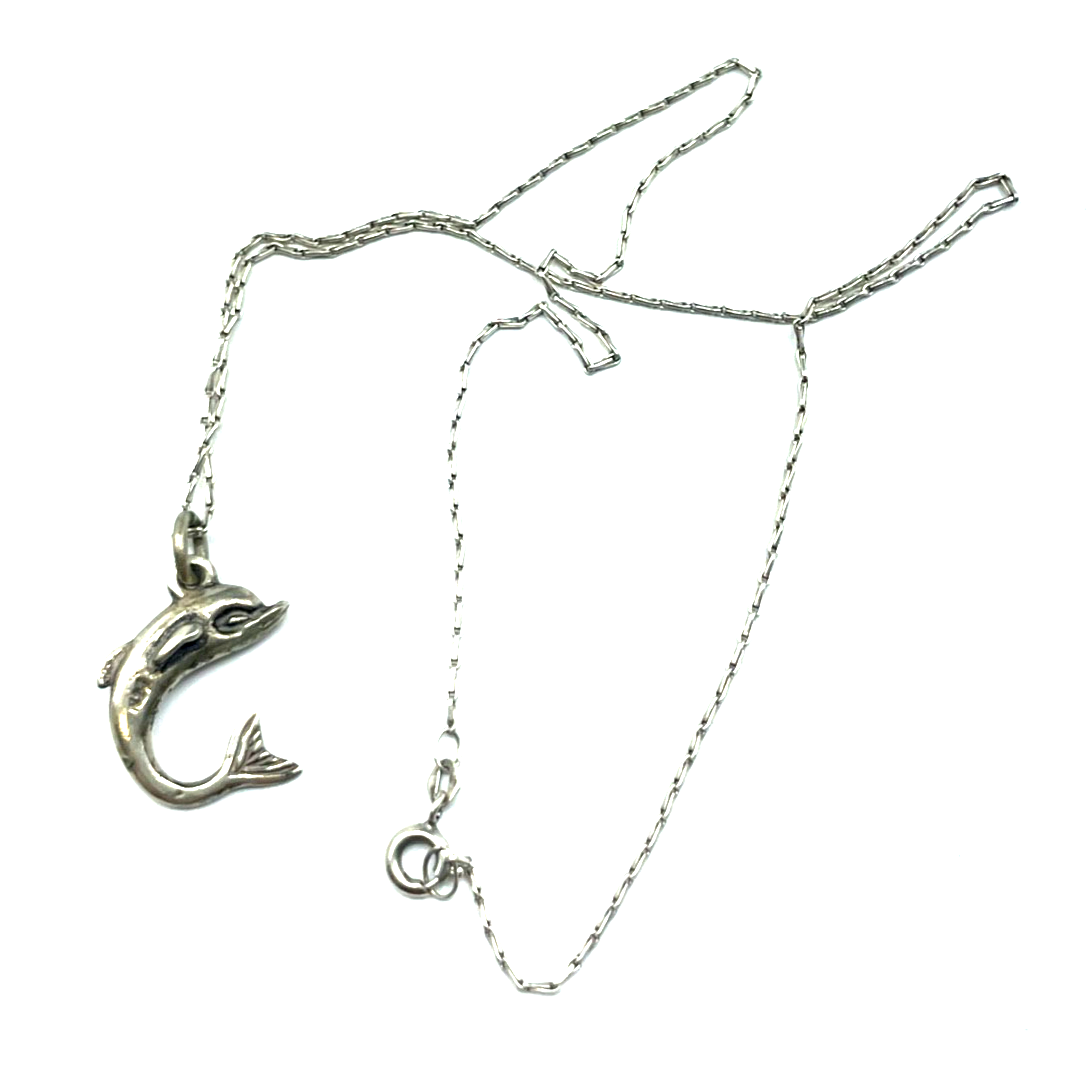 Vintage Delphin Delfin Anhänger 925 Silber an Gliederkette 40 cm 835 Silber gepf0