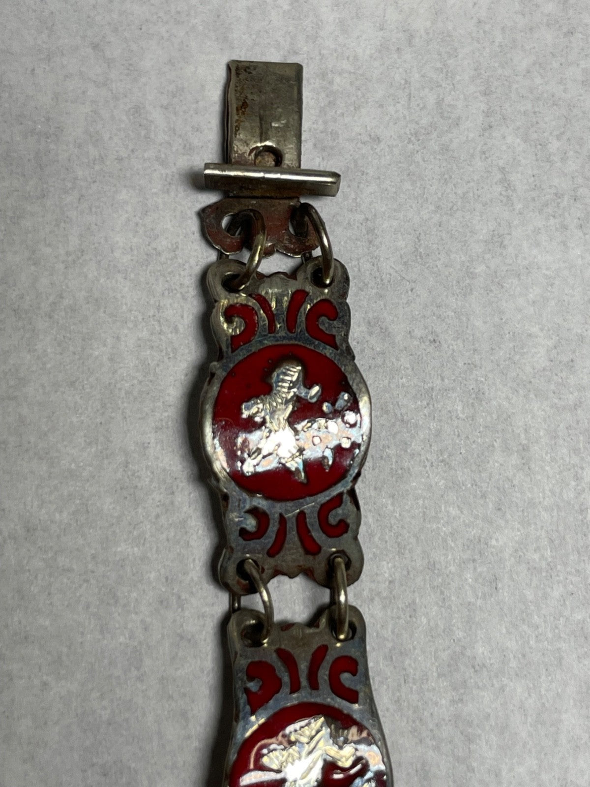 Vintage Siam Sterling Armband rote Emaille Technik feines Dekor gepfl. L 16 cm4