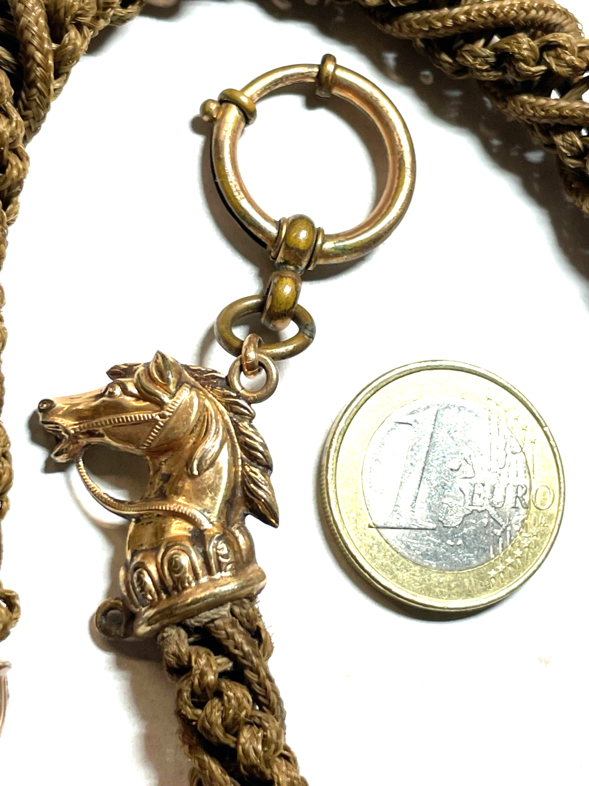 Antik Biedermeier Haarkette Uhrkette Taschenuhrkette Motiv Pferd Dubleegold gepf10