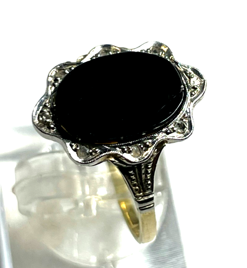 585 Gold 14 K Ring Bicolor orig. Art Deco Onyx Tafel + 8 Diamanten Ø 17,5 RG 556