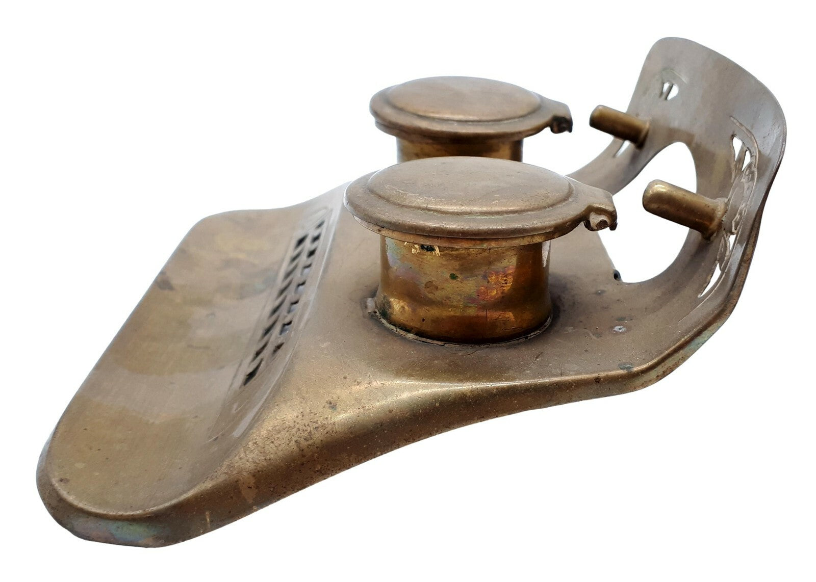Tintenfass Jugendstil - um 1900 - Messing - durchbrochen - Messingblech 2 Fässer2