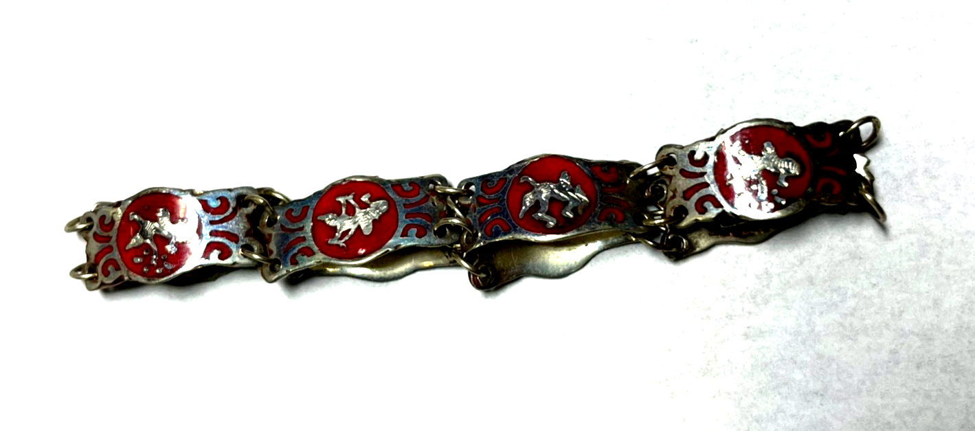 Vintage Siam Sterling Armband rote Emaille Technik feines Dekor gepfl. L 16 cm9
