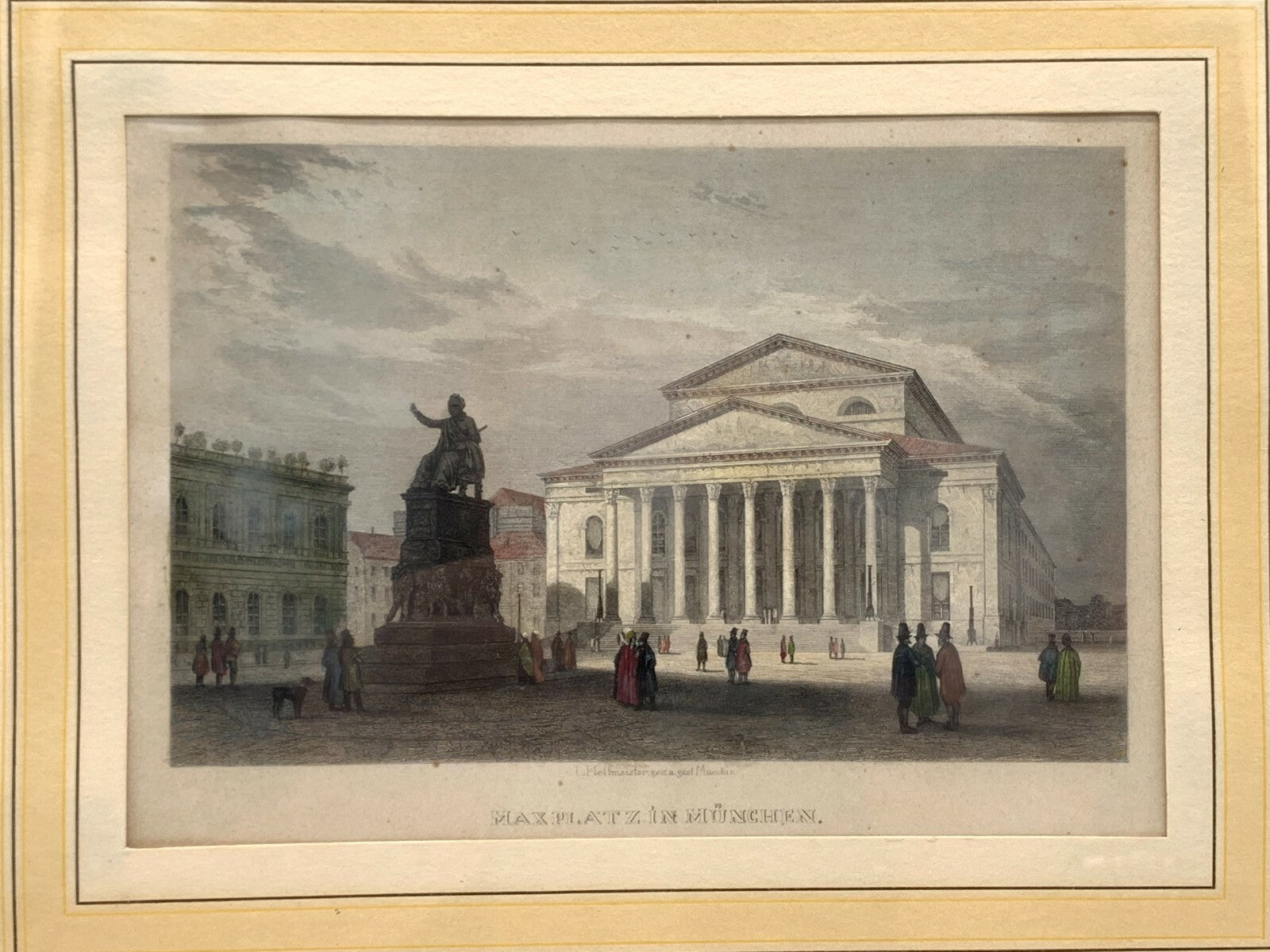Stahlstich handkoloriert - Maxplatz in München - L. Hofmeister -  gerahmt1