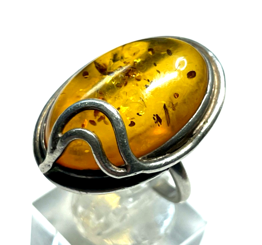 Aparter 925 Silber Ring Handarbeit Bernstein Cabochon RG 51 Ø 16,2 mm gepflegt1