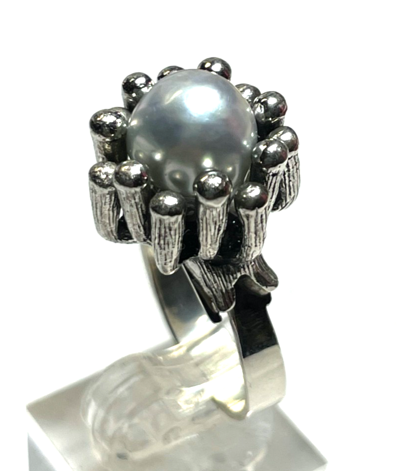 Brutalist  vintage 925 Silberring mit Tahiti Perle Unikat Ø 18 mm RG 57 gepflegt4