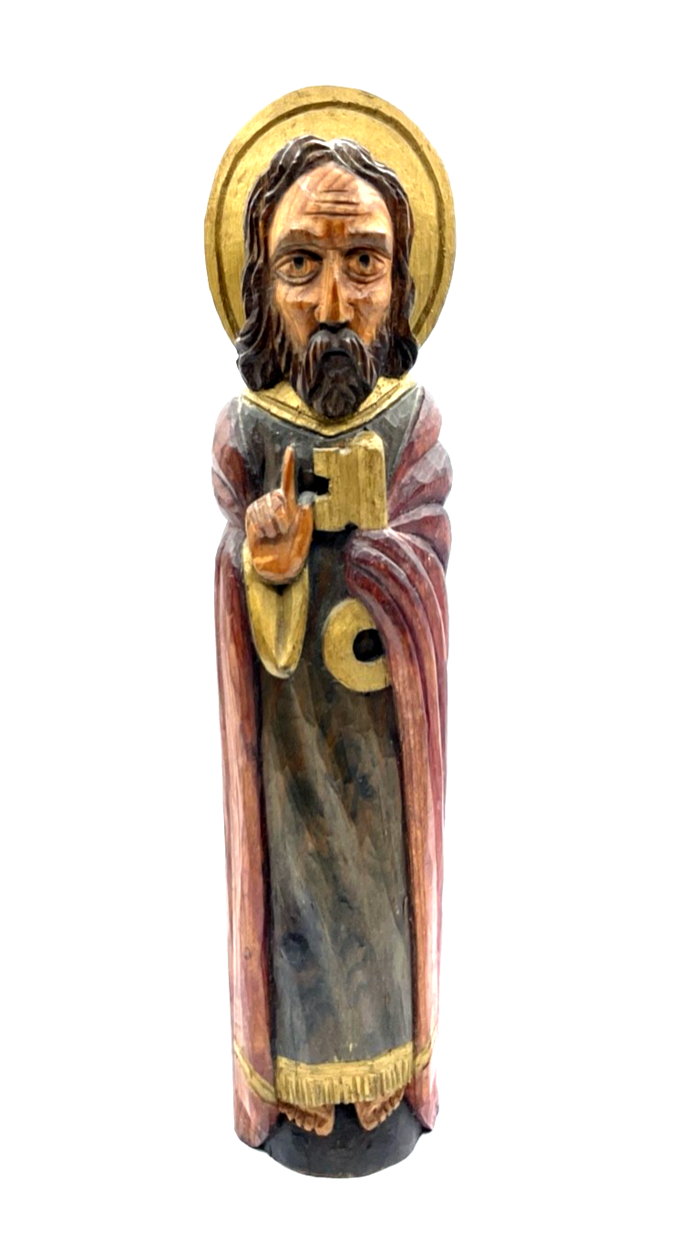 Alte Petrus Figur Holzfigur Handarbeit farblich gefasst Holzschnitzerei H 35 cm10