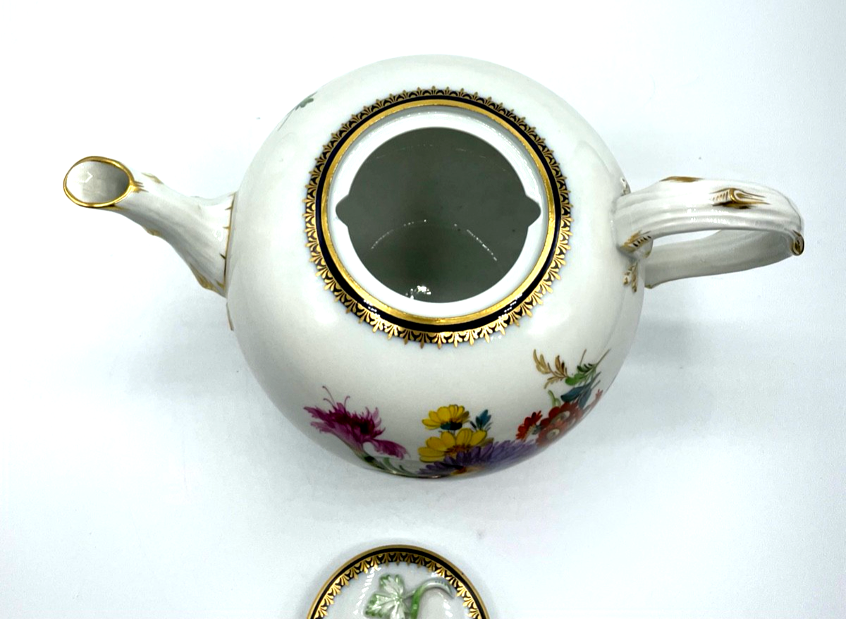 Antik Meissen Porzellan Teekanne 1. Wahl Blumenbukett Kobalt + Golddekor 1A Zust5