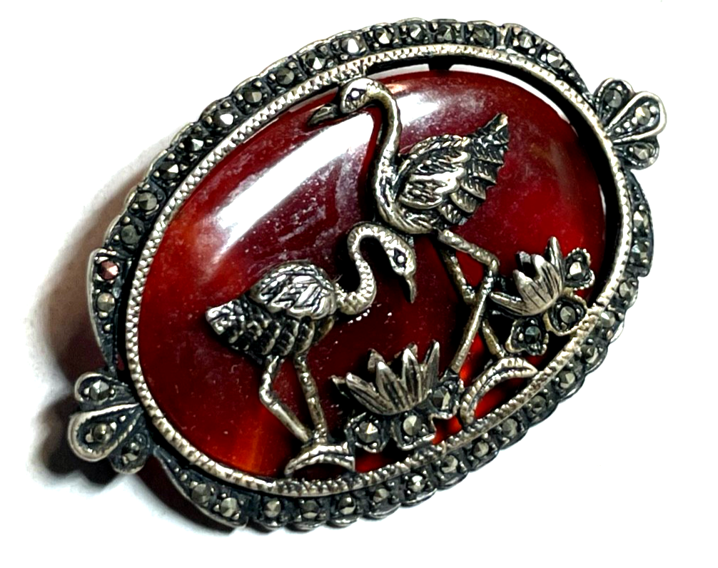 Antik Silber Brosche Anstecknadel Streifenachat Kraniche Markasiten Art Déco2
