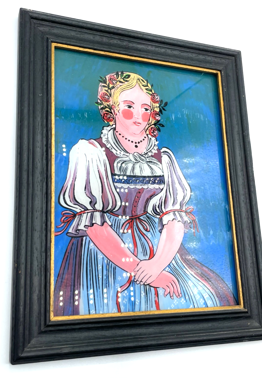 Vintage Hinterglasmalerei Hinterglasbild Mädchen in Tracht gerahmt 29 x 23 cm2