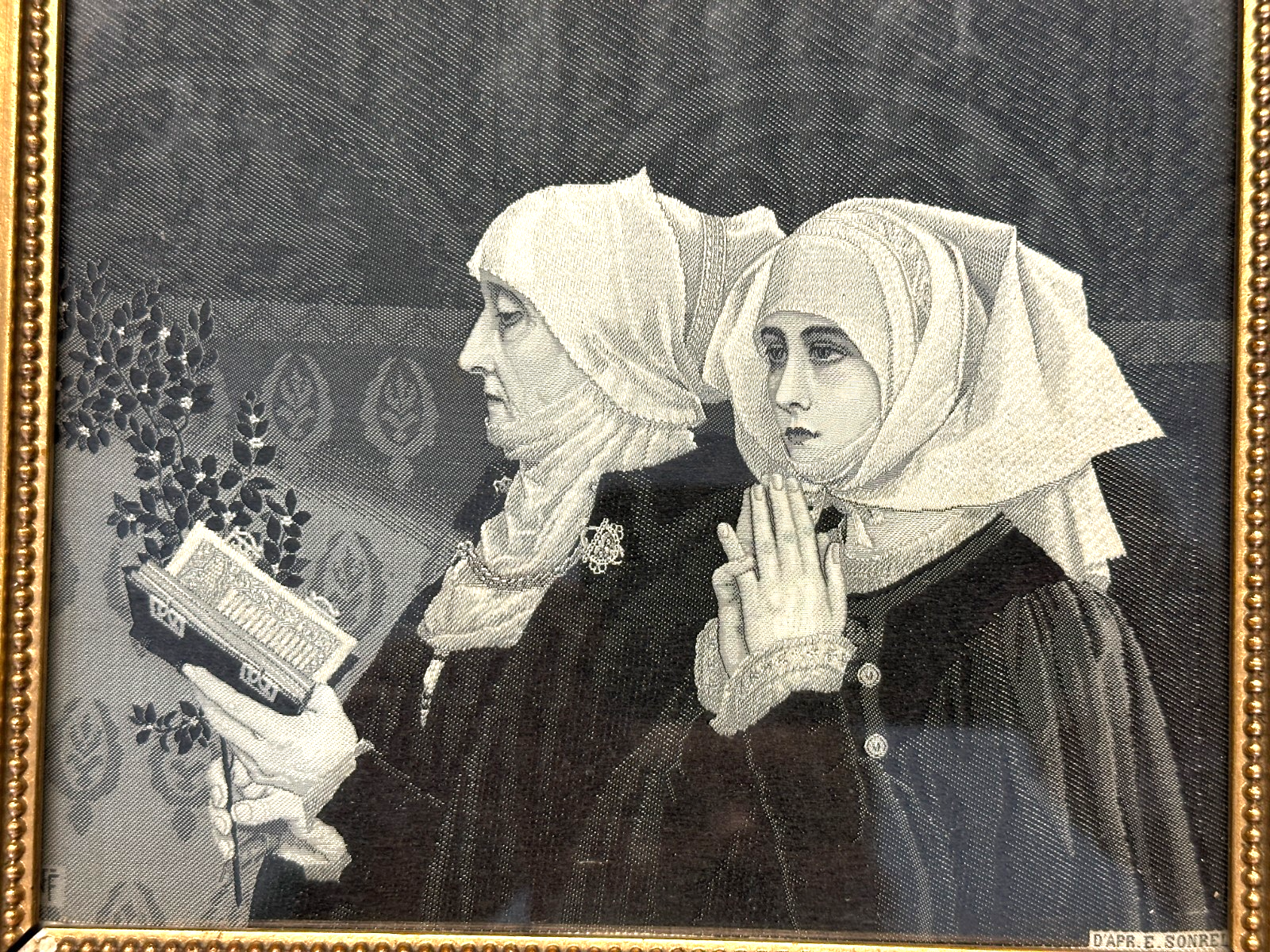 Feine französische Seidenstickerei nach Édouard Sonrel – Betende Nonnen um 18801