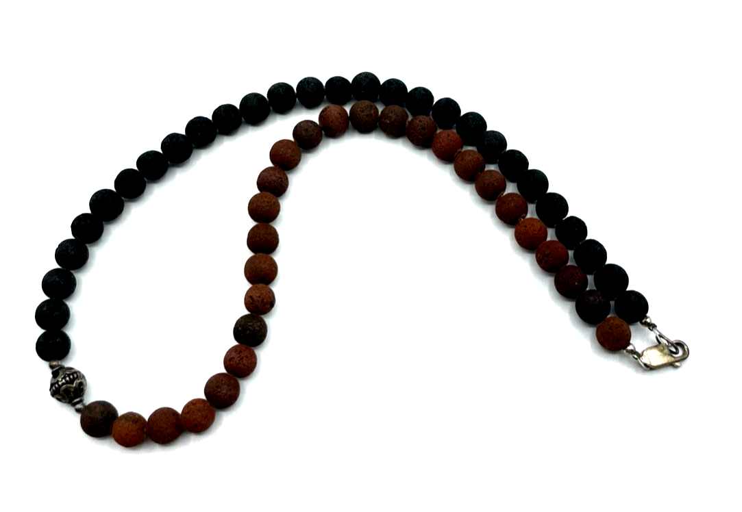 925 Silber Karabiner an Lava Kugel Kette Braun + Schwarz gepflegt 47,5 cm Ø 8 mm5