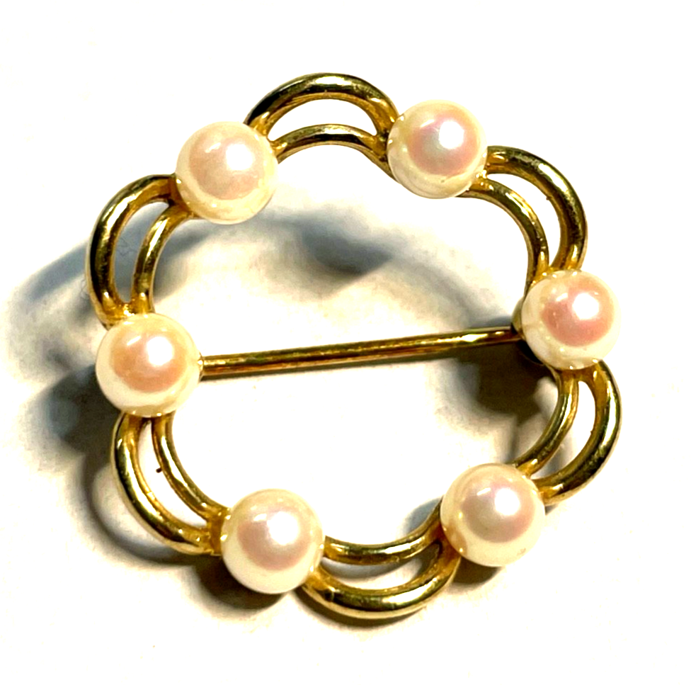 333 Gold 8 K Gelbgold runde klassische Brosche Anstecknadel mit 6 x Akoya Perle2