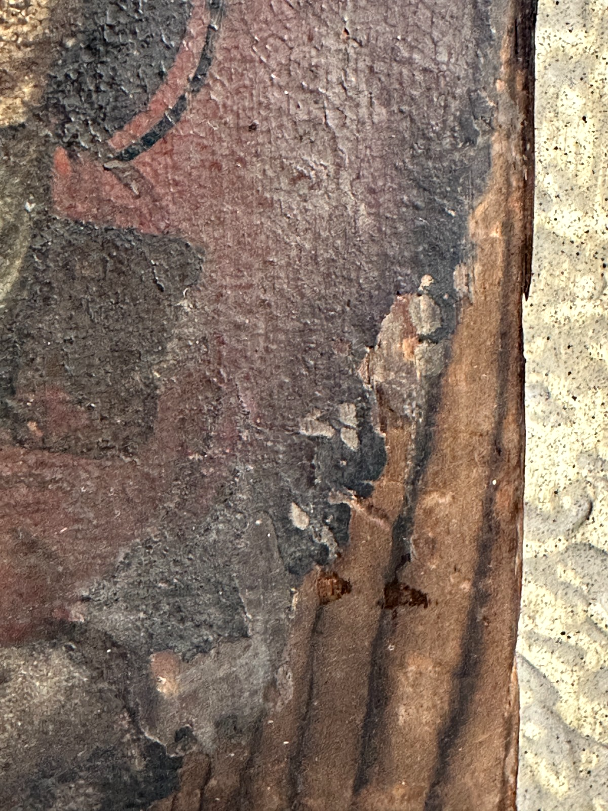 Alte Ikone „Gottesmutter mit Kind“ – Tempera auf Holz - unrestaurierter Zustand6