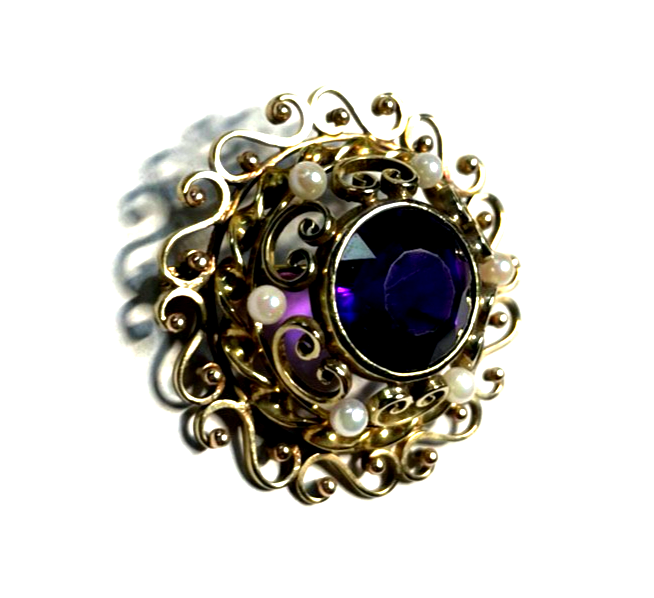 Edle 585 Gold 14 K Brosche mit 1 Amethyst + 6 kleine Orientperlen Juwelier gepfl3