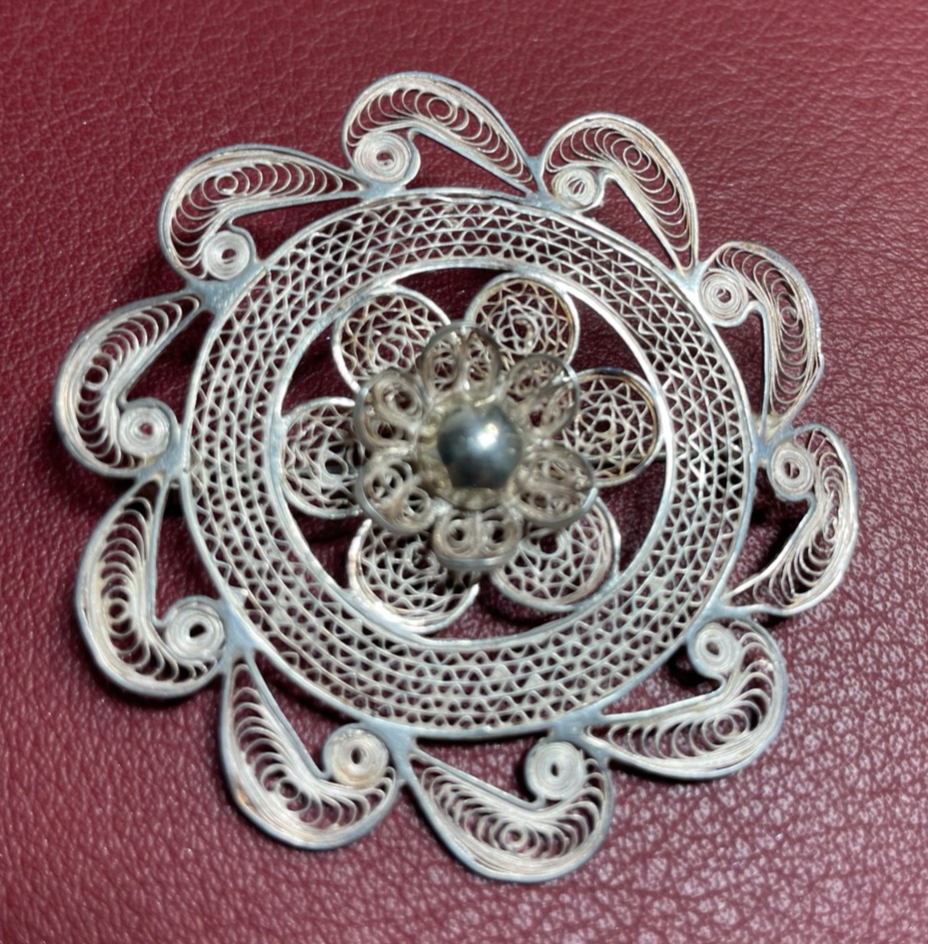 Gr. antik 800 Silber Brosche Anstecknadel Filigransilber Handarbeit Tracht Ø55mm1