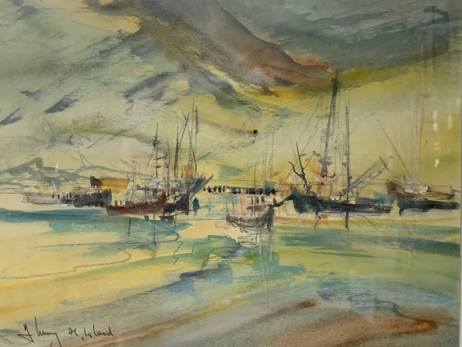 Harald Immig - Aquarell Karton - 'Island' Hafenszene 1991 - gerahmt hinter Glas1