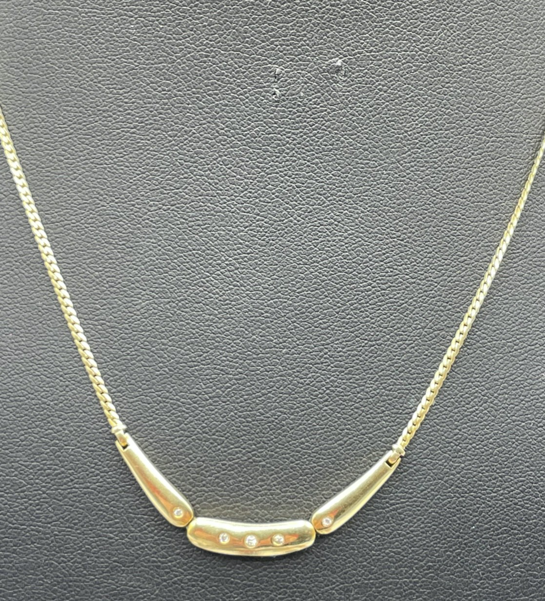 Solide 585 Gold 14 K Kette Collier Goldkette 5 Diamanten 0,06ct 43,5cm Juwelier0