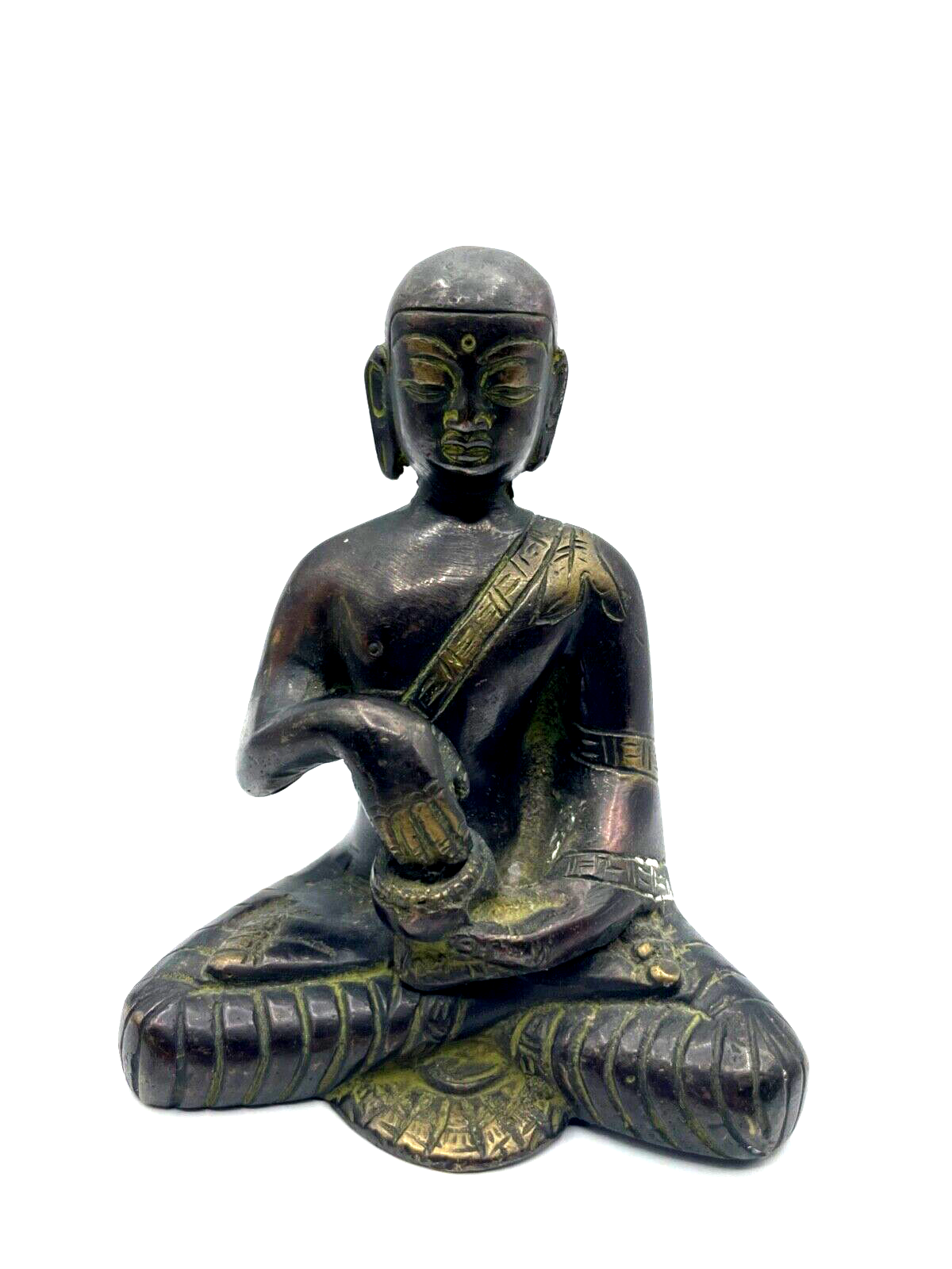 Alte asiatische Bronze Statue Buddha Mönch Bronze Figur H 13 cm B 10,5 cm Patina1