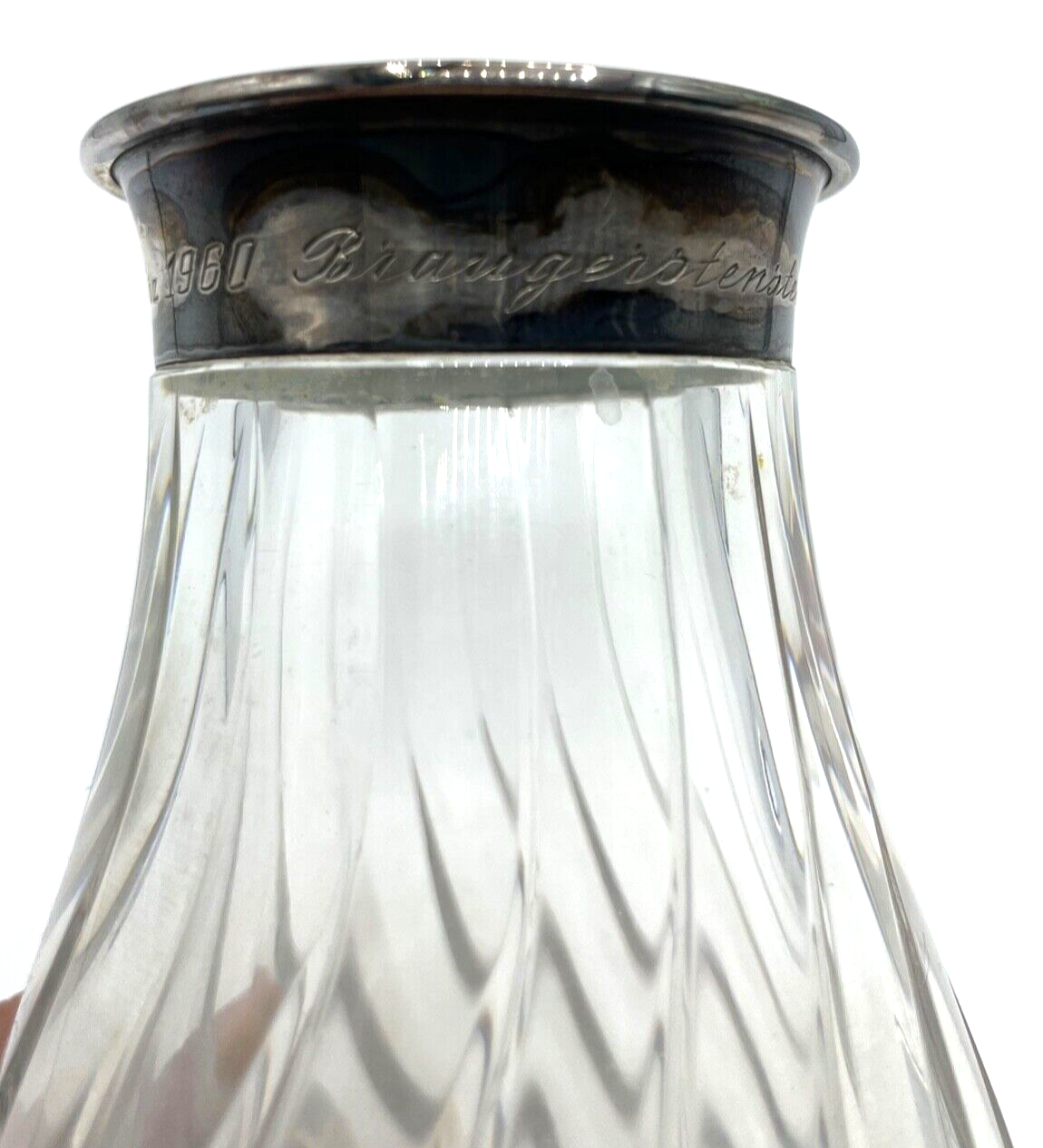 Schwere Bleikristall Kristallglas Vase mit 835 Silber Rand und Punze 1960 H19cm2