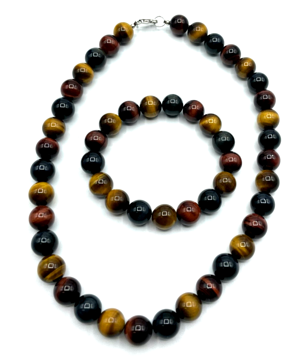 Neu Set Falkenauge Tigerauge Farbmix Halskette Kugelkette Collier + Armband Ø115