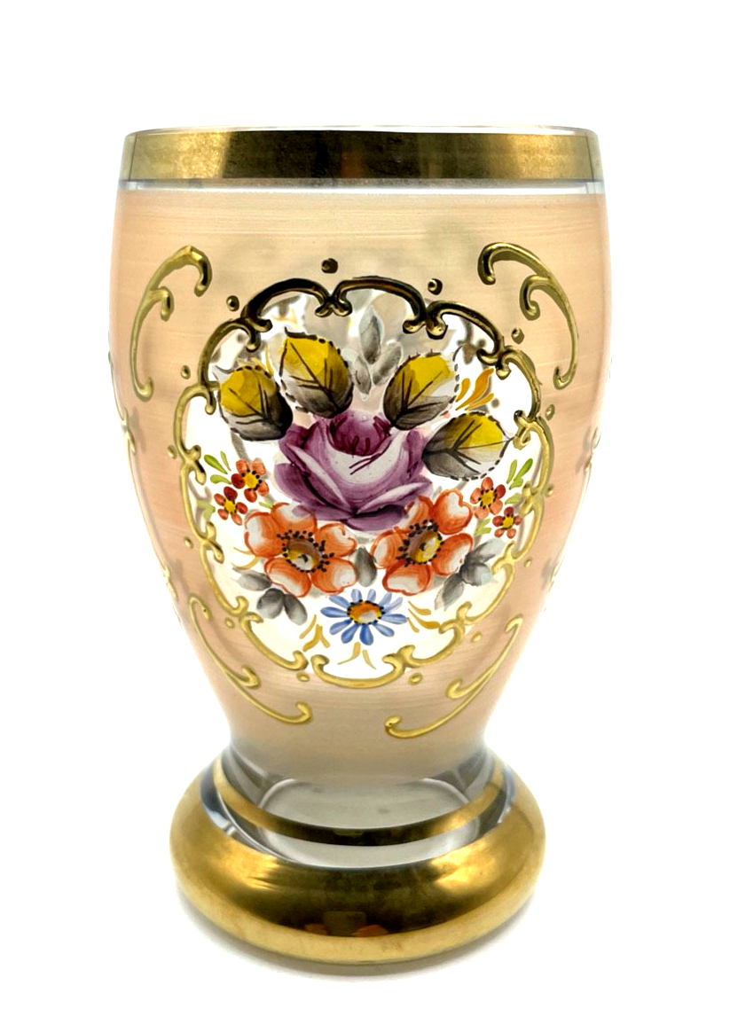 Vintage Pokal satiniertes  Glas Becher handbemalt Ranftbecher Blumen Gold Dekor0