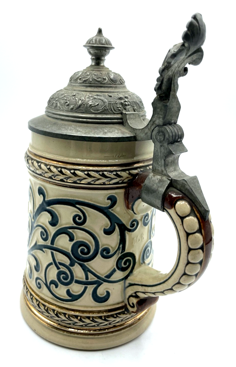 Antik Steinzeug Bierkrug mit Zinn Deckel Bier Seidel vor 1900 Trinkspruch 1/2 L3