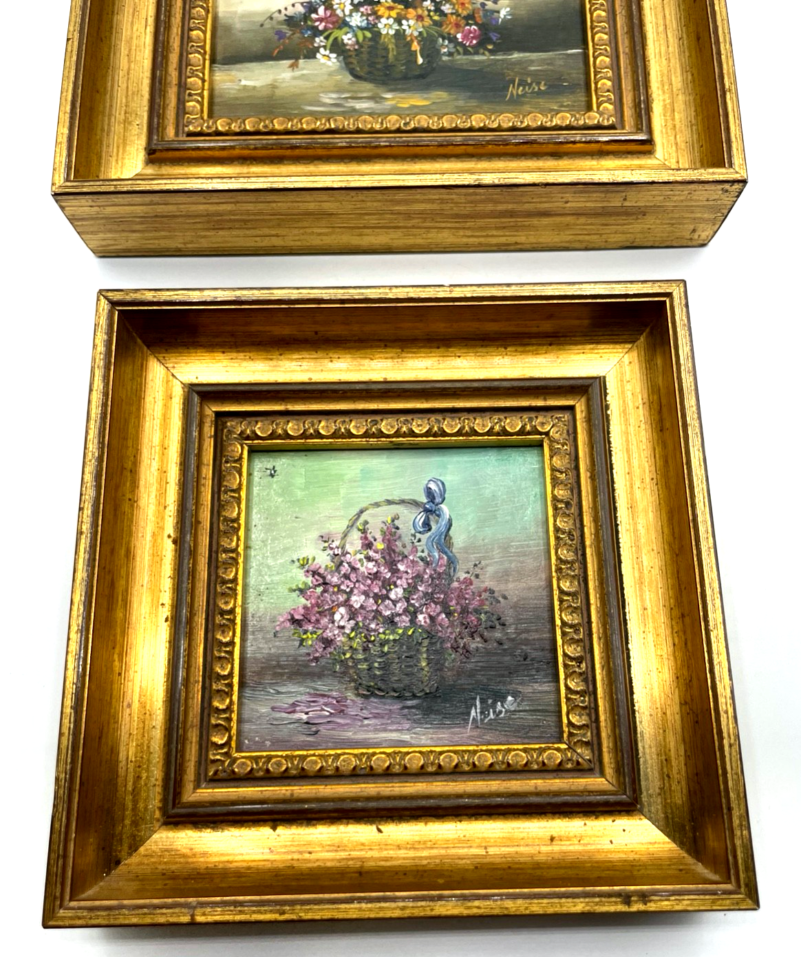 3 reizvolle kleine Ölgemälde Blumen Motive im Goldrahmen Kunstmalerin Neise2