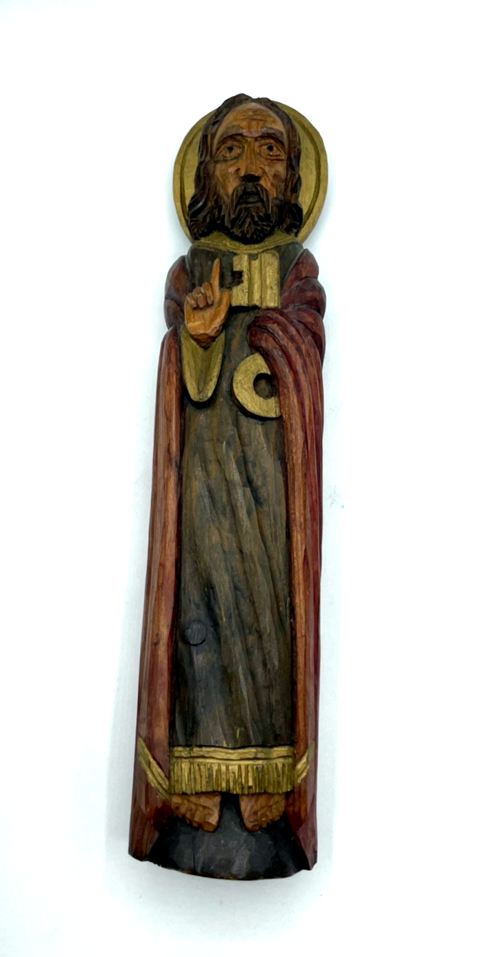 Alte Petrus Figur Holzfigur Handarbeit farblich gefasst Holzschnitzerei H 35 cm1