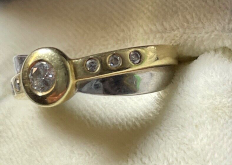 Massiver 585 Gold 14 K bicolor Ring 7 Brillanten Juwelier 5,22 Gr. RG 54 gepfl.1