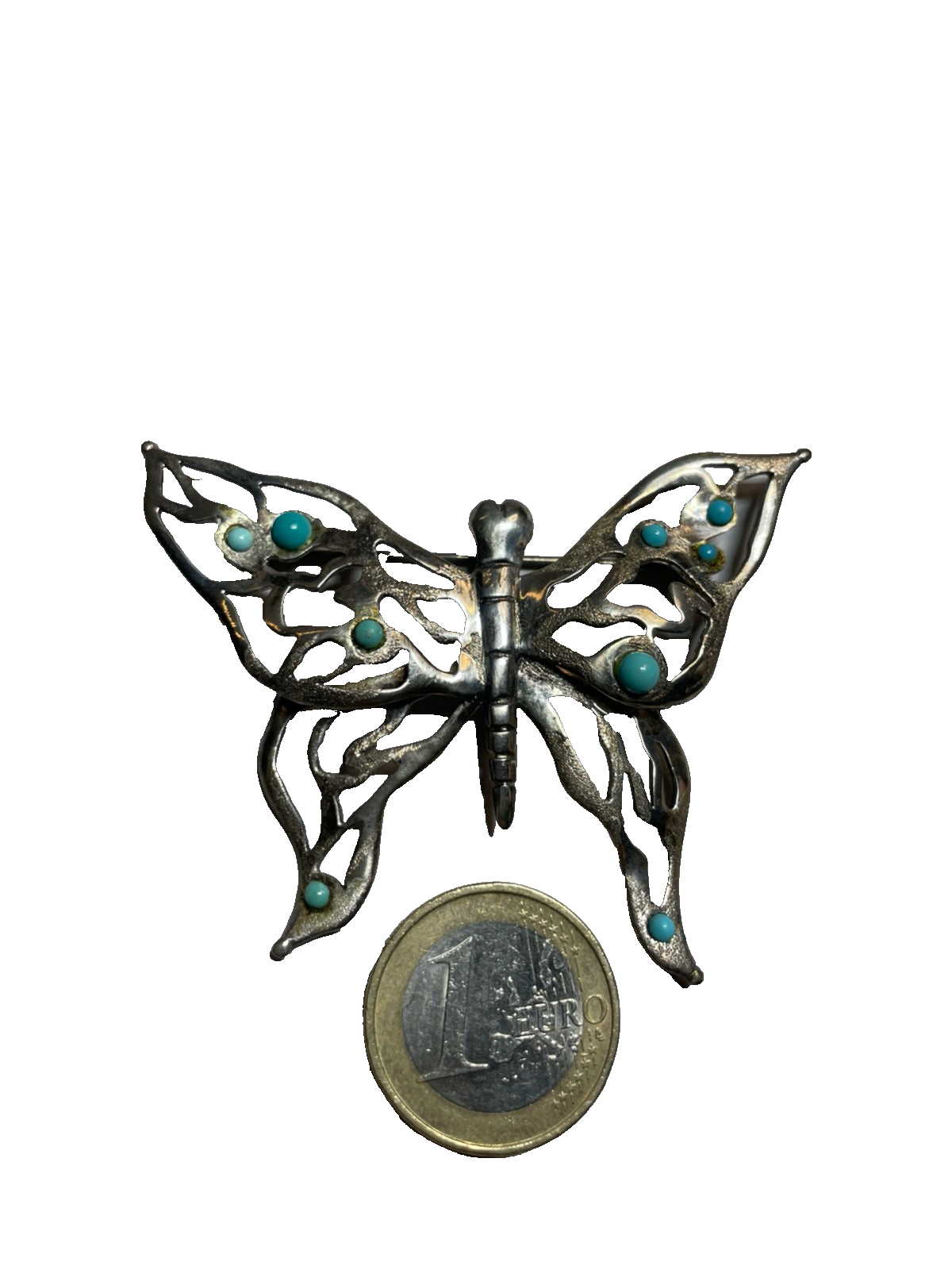 Gr. 925 Sterling Silber Schmetterling Brosche Anhänger mit 9 Türkisen Handarbeit1