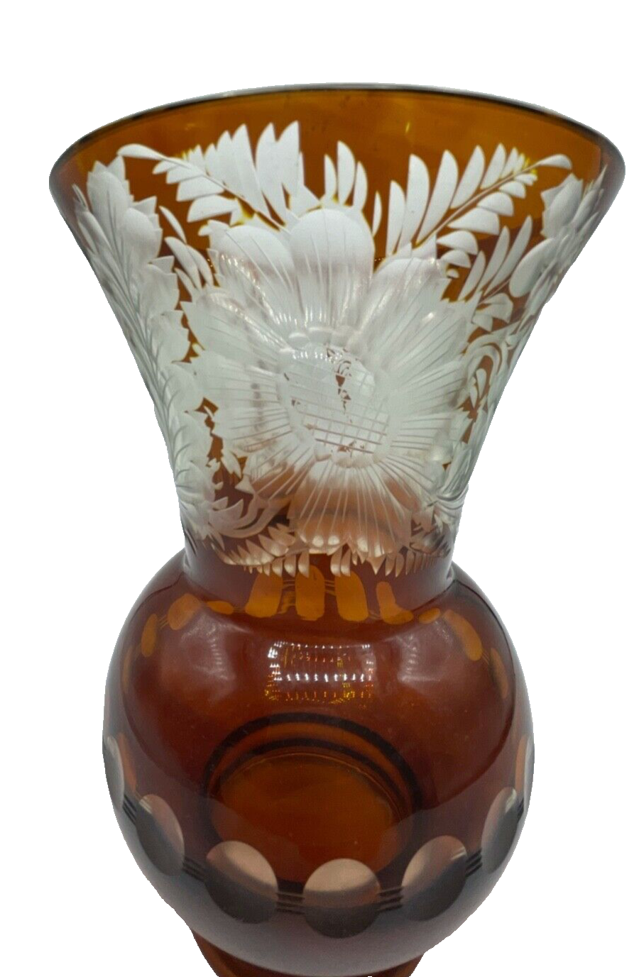 Vintage Böhmen Kristall Glas Vase florales Ätzdekor Cognac farbig Überfang H21cm2