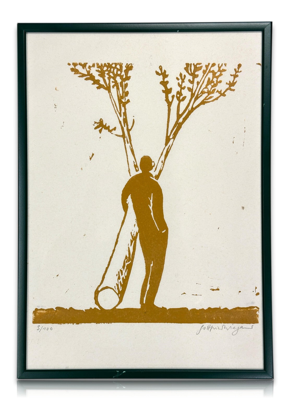 Gottfried Wiegand 1926 - 2005 - Holzschnitt - Mann mit Baum unter dem Arm - sign0