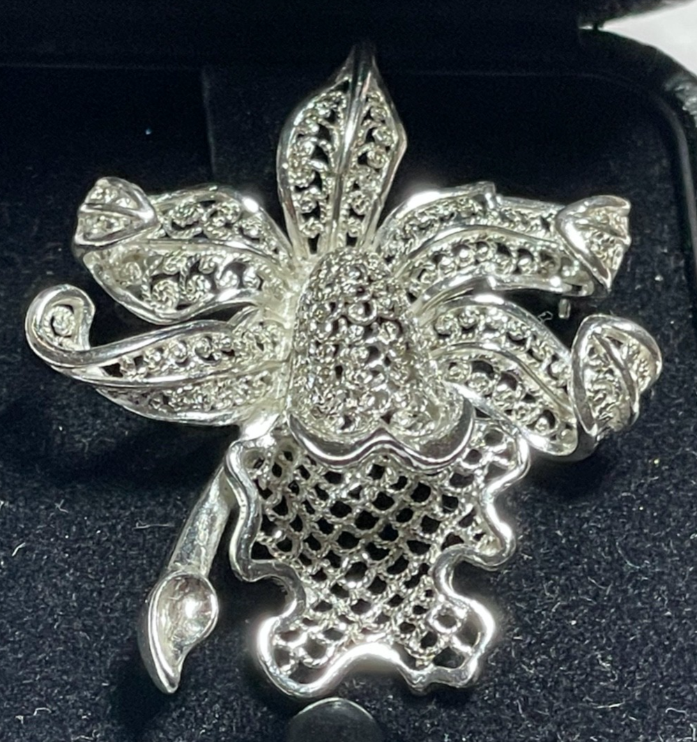 Antik 800 Silber Brosche Anstecknadel Filigransilber Handarbeit Orchidee gepfl.3