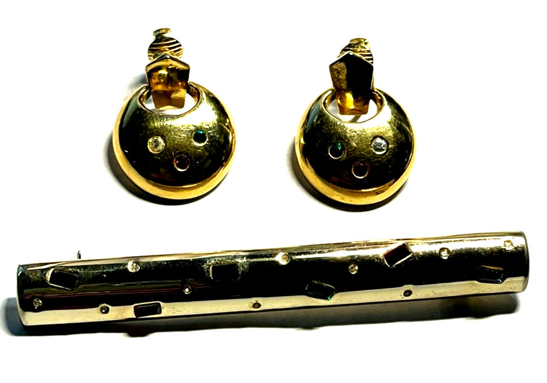 80erJ Modeschmuck Set Brosche + Ohrclips Clips Farbsteine vergoldet 1A gepflegt5