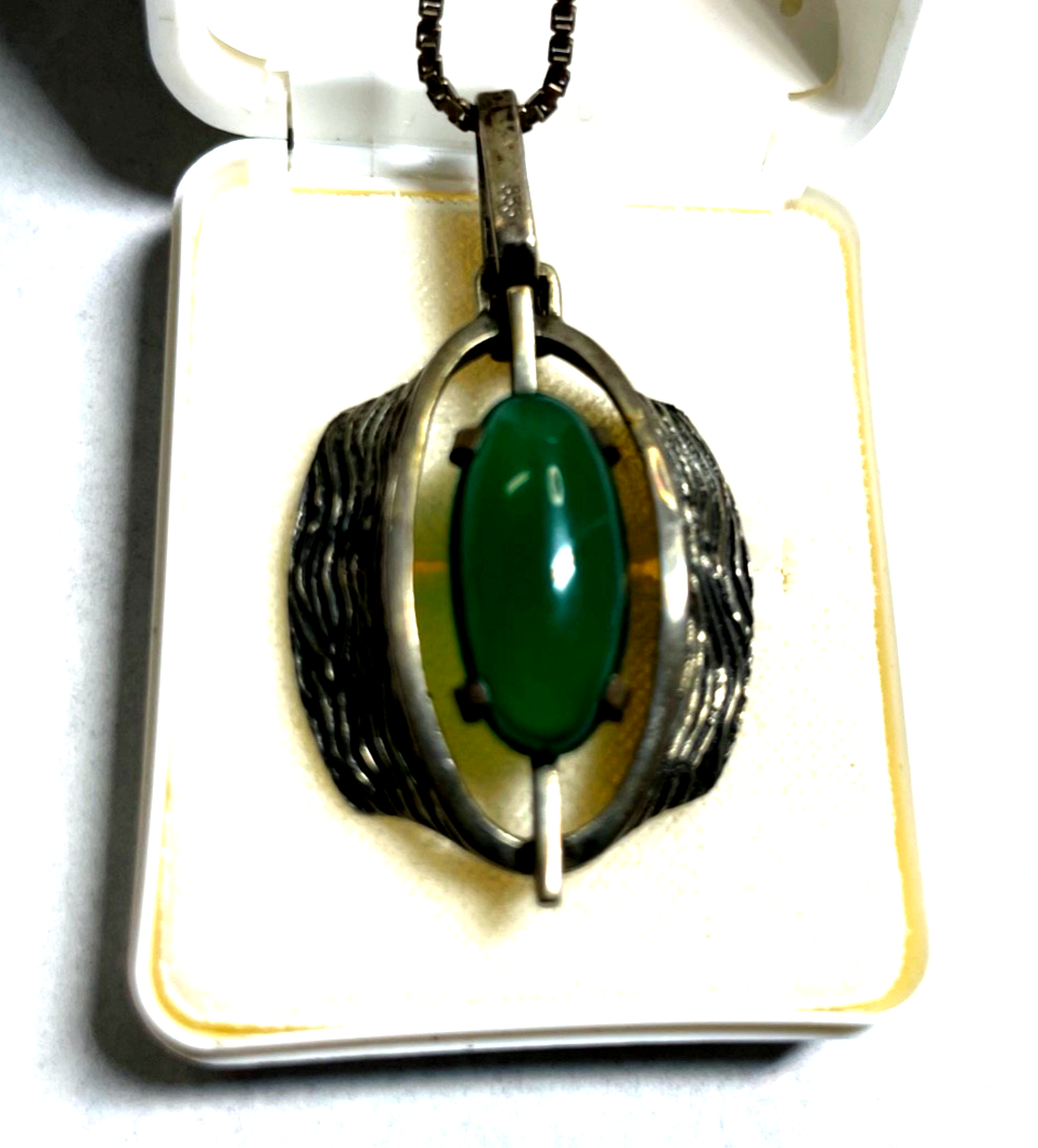 Vintage 70erJ Design 925 Silber Kette + 835 Anhänger Chrysopras Brutalist gepfl.1