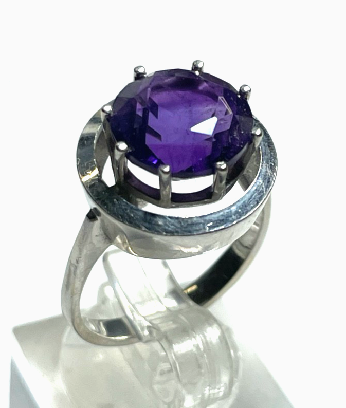Solider 585 Gold 14 K Weißgold Ring gr dunkler Amethyst Ø 16,9 mm RG 53 Juwelier0