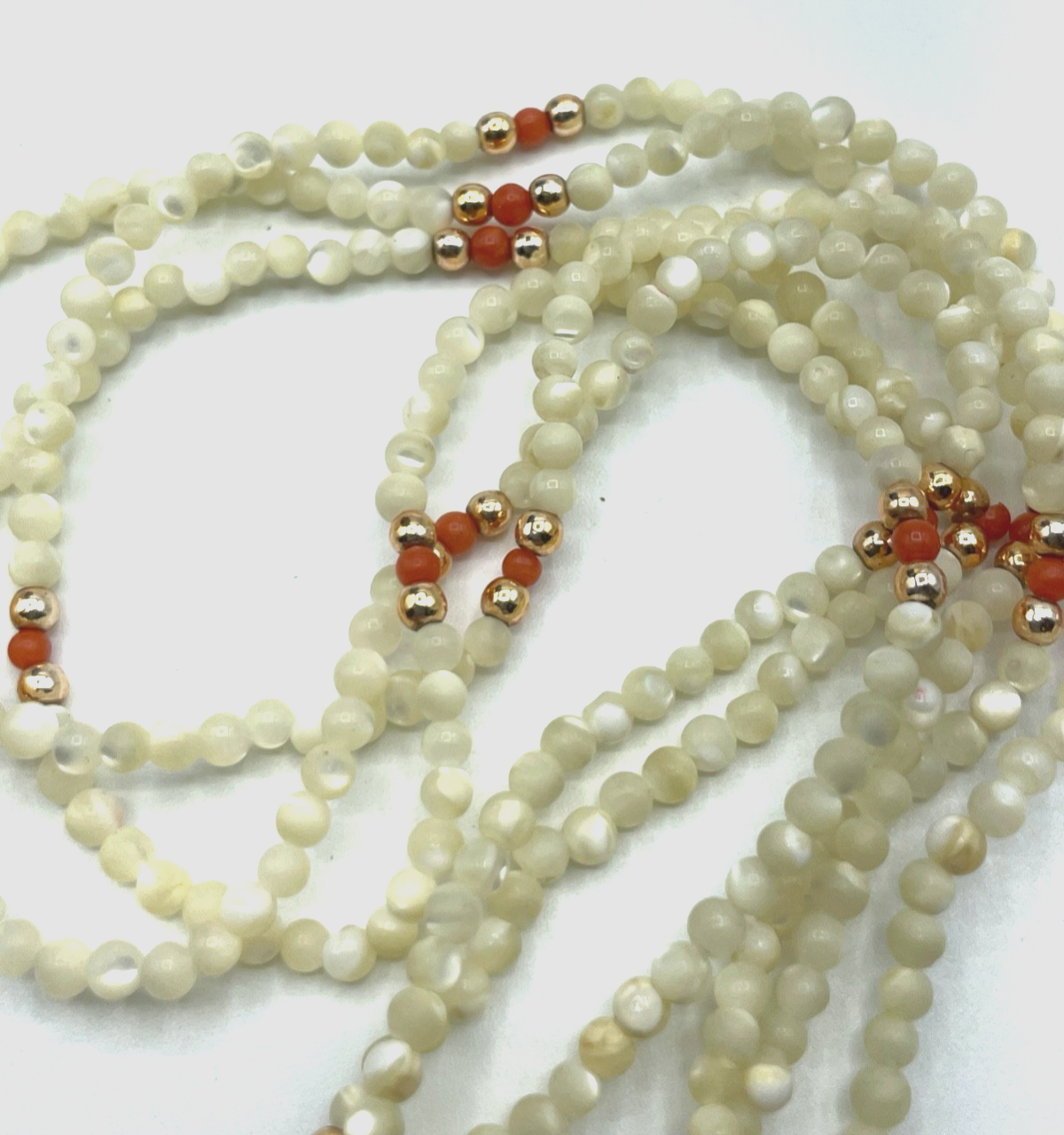 Vintage Collier Perlmutt + Koralle 3 reihige Halskette 50erJ l 38,5 cm B 10 mm4