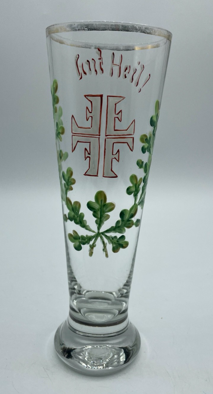 Antik Glas handbemalt Jugendstil Andenkenglas Gut Heil! Turner Bewegung um 19000